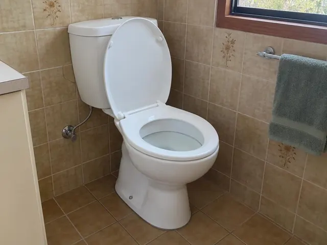 Clean white toilet in a tiled bathroom beside a window and towel rail in Glenmore Park