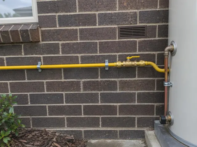 Yellow gas pipe with valve on a brick wall beside a cylindrical tank in Glenmore Park