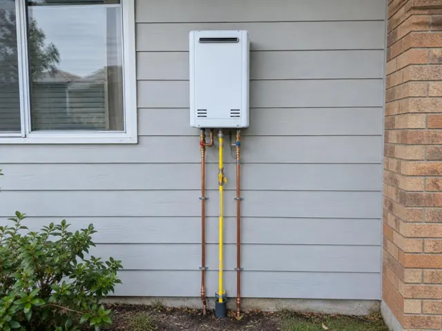 Wall-mounted hot water unit with exposed pipes beside a window on a weatherboard house in Penrith